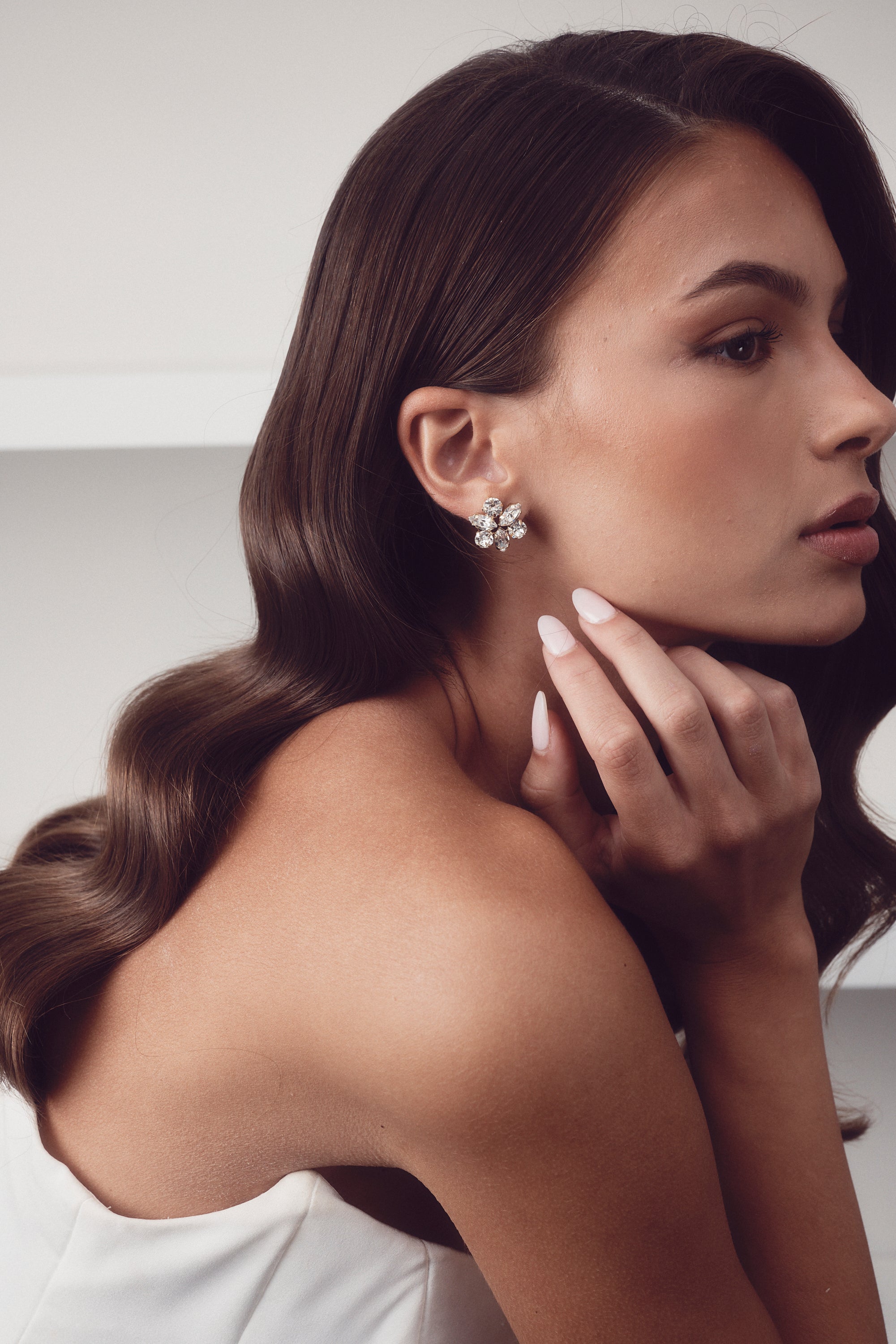 Elizabeth Bower Juliette Crystal Stud Statement Earrings Clear Rhodium Silver, The White Collection Australia